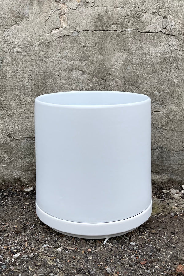 The 10" solid cylinder and saucer in white against a cement wall. 