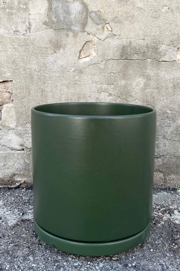 A view of the Solid Cylinder & Saucer Forest Green 12” against a concrete backdrop