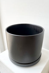 detail of the top of the Solid Cylinder & Saucer black 6” against a white wall 
