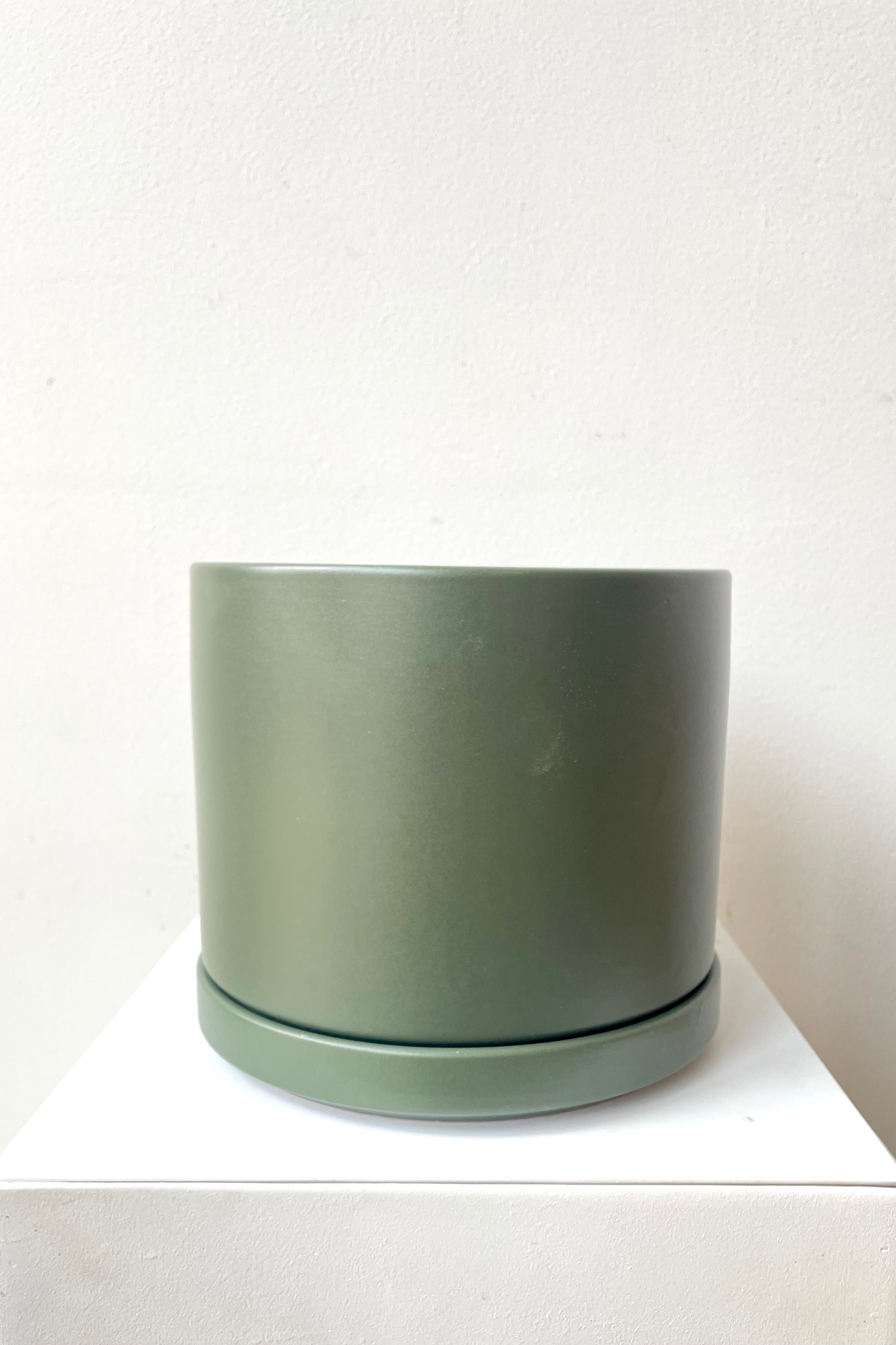 A frontal view of the 6" solid cylinder and saucer in forest green against a white backdrop