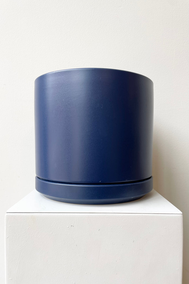 Solid Cylinder & Saucer blue 8” against a white wall