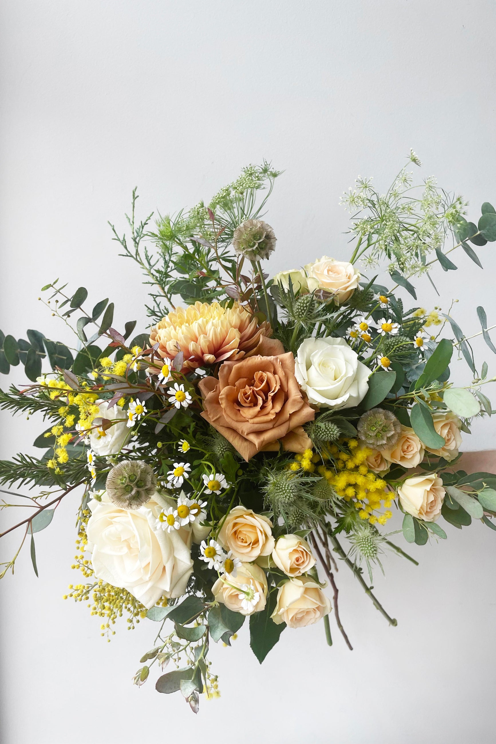 An example of fresh Floral Arrangement Champagne Toast with cream roses and yellow mimosa from Sprout Home Floral in Chicago ©Sprout Home #size_$130