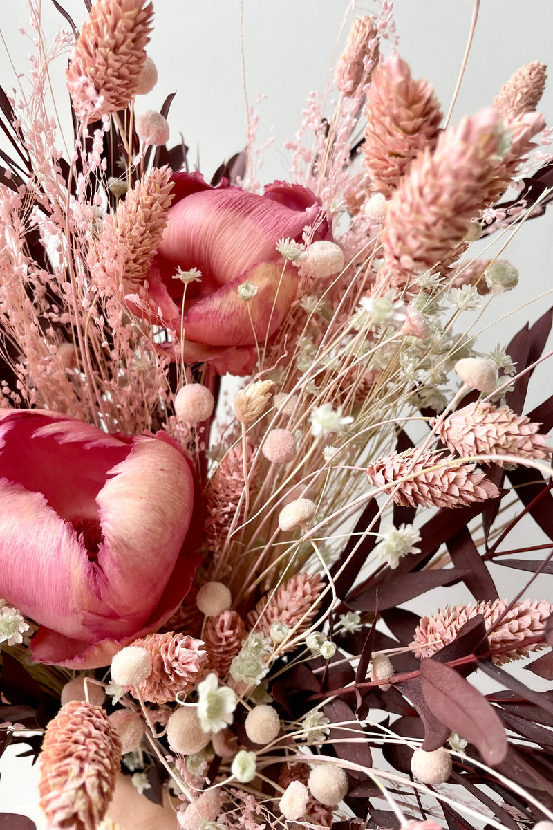 Chocoberry Milkshake preserved arrangement detail pictures showing the shades of pink flowers and chocolate foliage. 