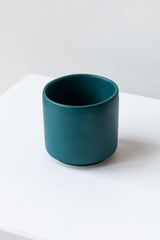 A small dark teal cup planter sits on a white surface in a white room. It is photographed closer and at an angle.