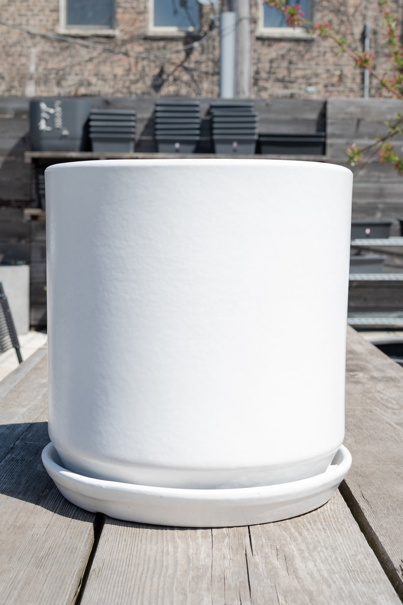 Matte white 15 inch cylinder planter sits outside on a picnic table