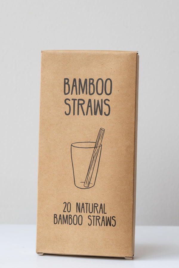 Box of 20 natural bamboo straws in front of white background
