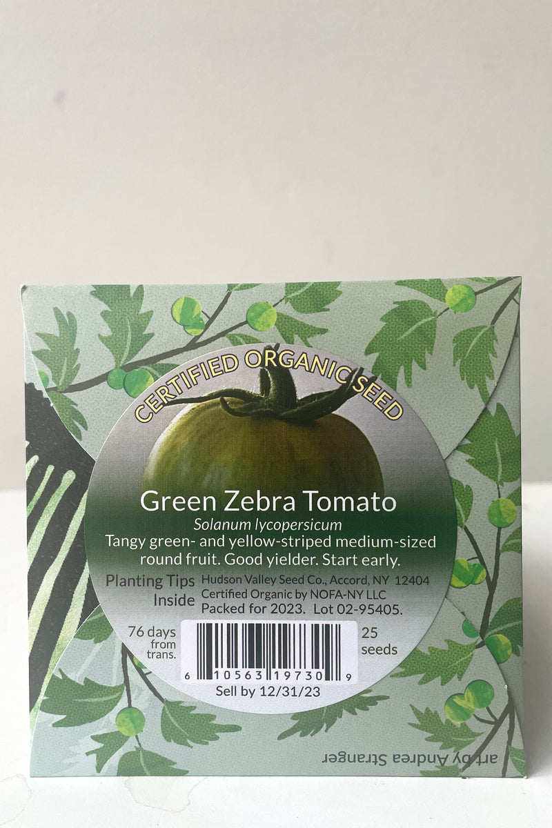 A back view of the Green Zebra Tomato Seeds Art Pack against white backdrop