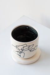 Technicolor Dino handpainted porcelain succulent planter and tray on a white surface in a white room