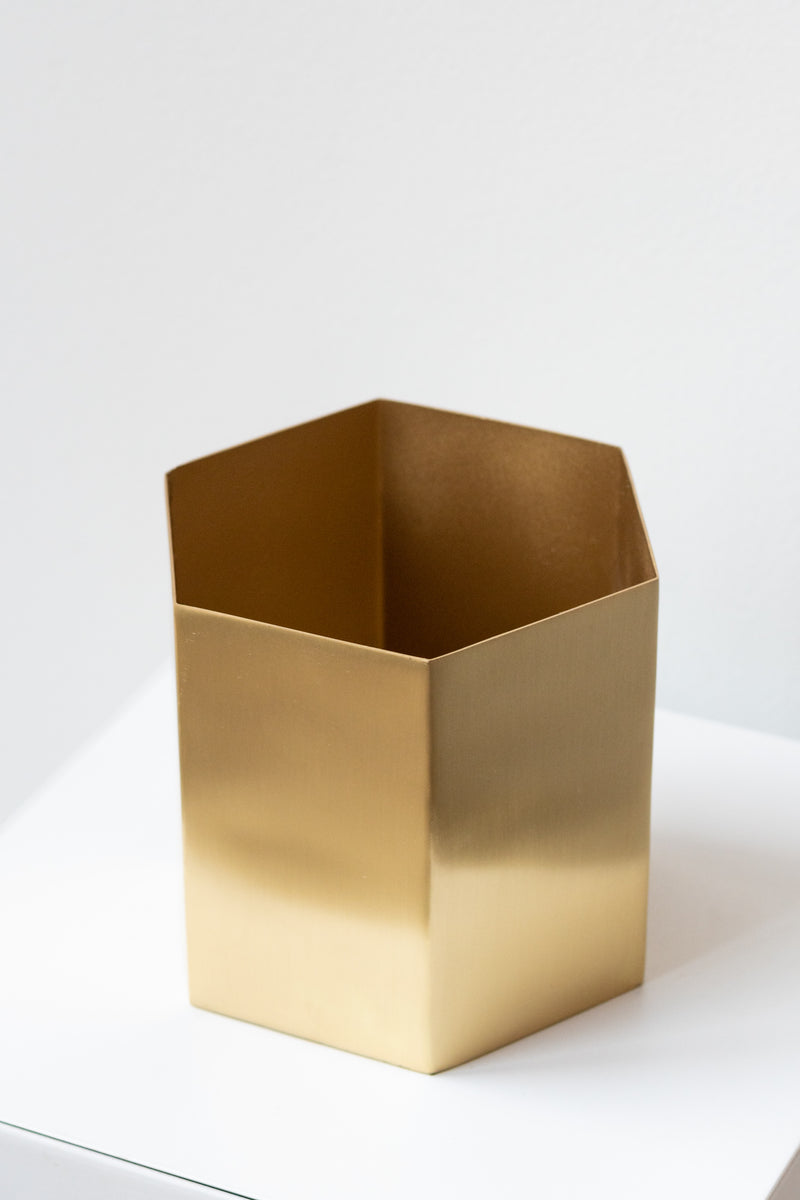 Brass hexagon-shaped plant pot by Ferm Living in front of white background
