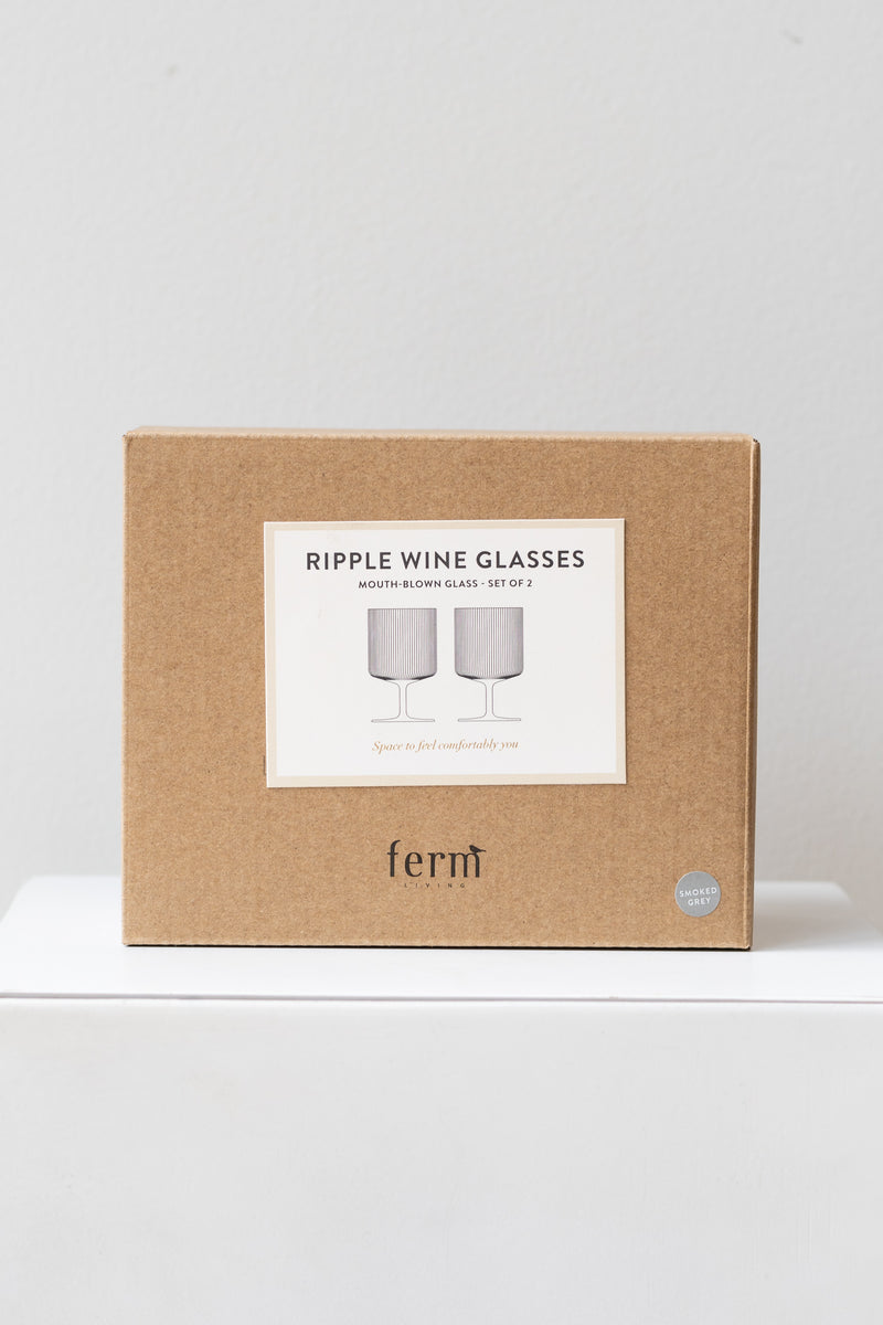 Box for Ferm Living Ripple Wine Glasses Set of 2 glass smoke on a white surface in a white room