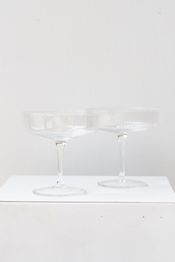 Ferm living Ripple Champagne Saucers Set of 2 glass clear on a white surface in a white room