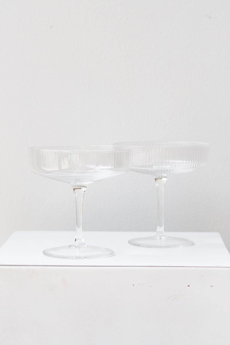 Ferm living Ripple Champagne Saucers Set of 2 glass clear on a white surface in a white room