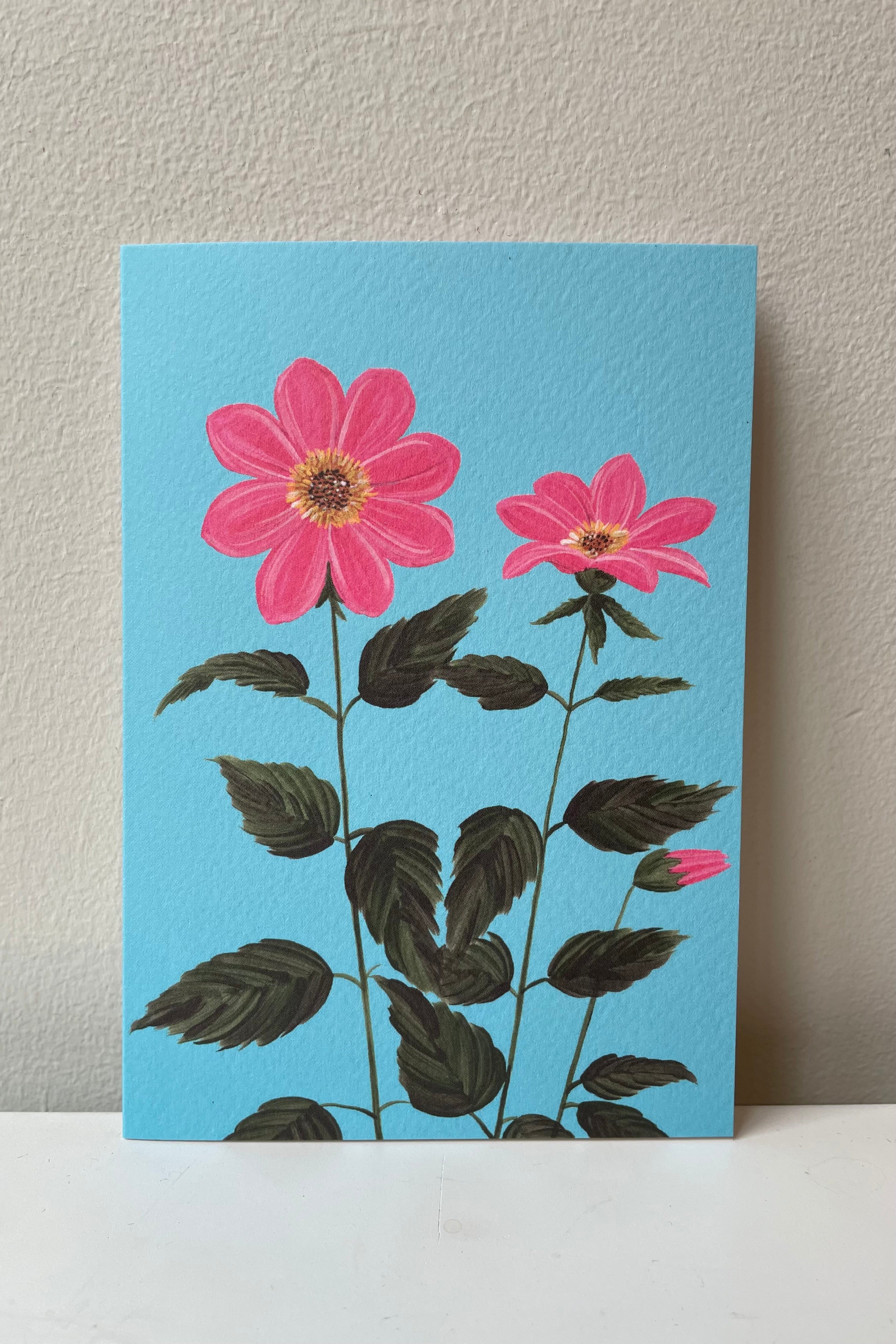 Dahlia card by Stengun Drawings against a white wall. 