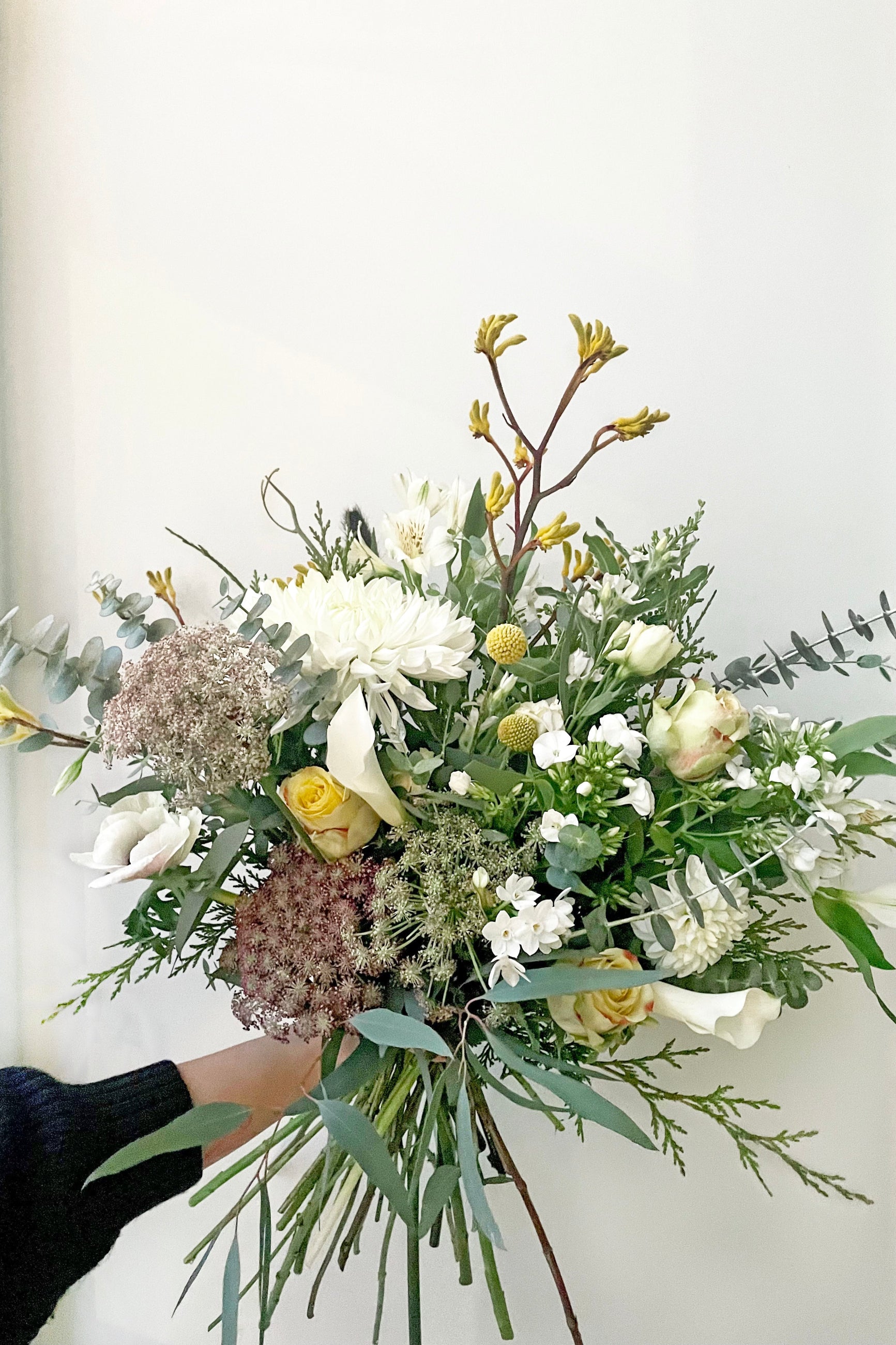 A hand holds an example of fresh Floral Arrangement Champagne Toast with queens Anne lace and kangaroo paw from Sprout Home Floral in Chicago ©Sprout Home #size_$160 