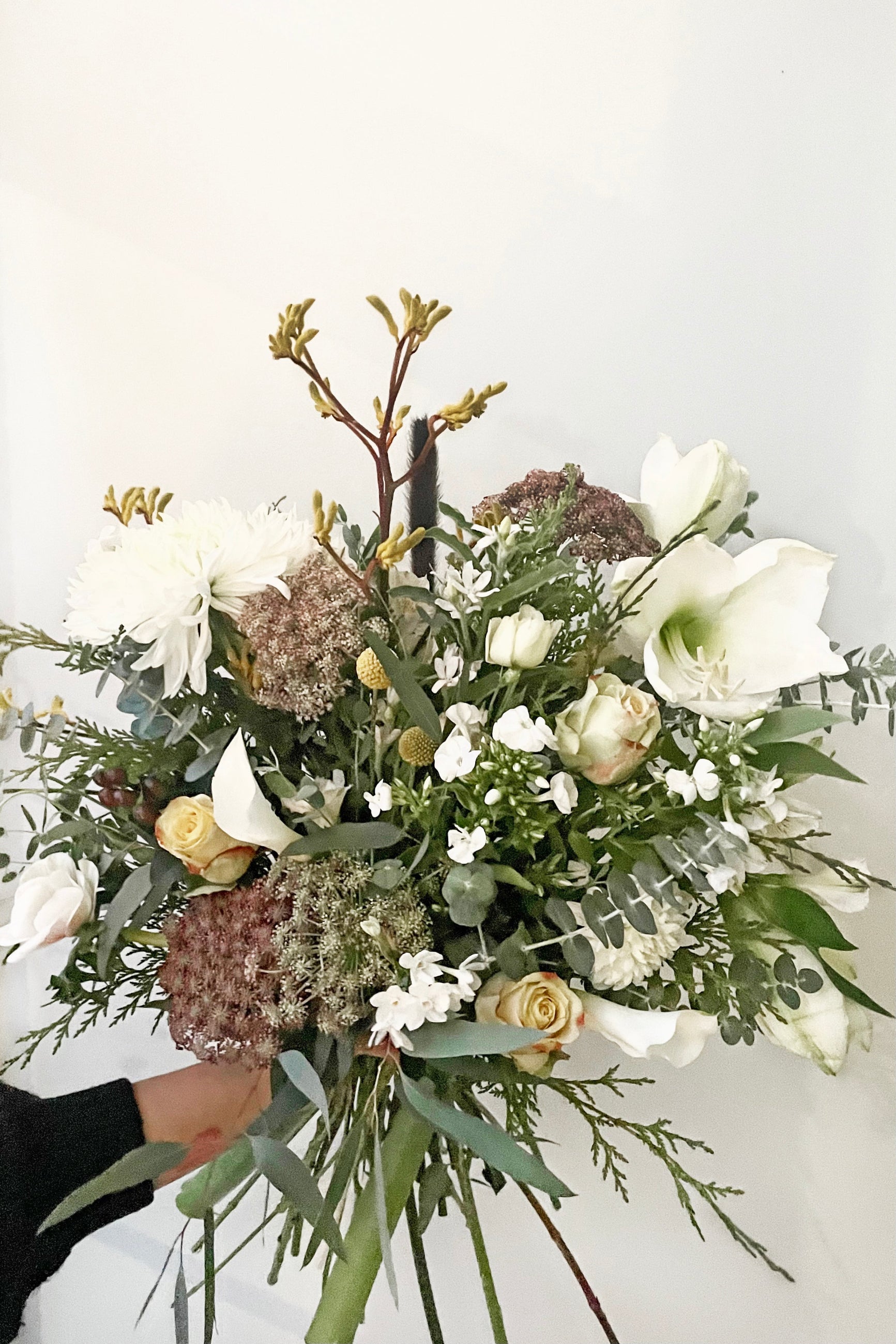 A hand holds fresh Floral Arrangement Eggnog with white amaryllis from Sprout Home Floral in Chicago ©Sprout Home #size_$200
