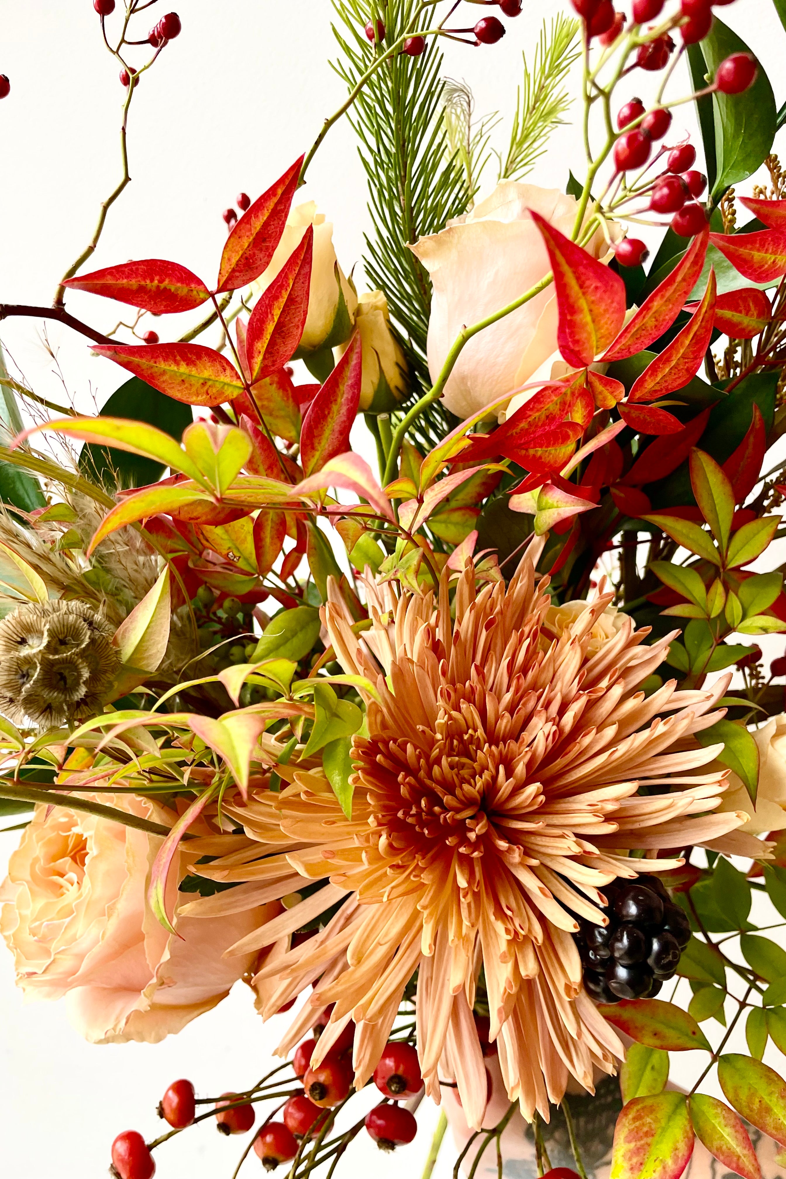 Detail picture of Harvest Moon with a large chrysanthemum in the foreground. #size_$65