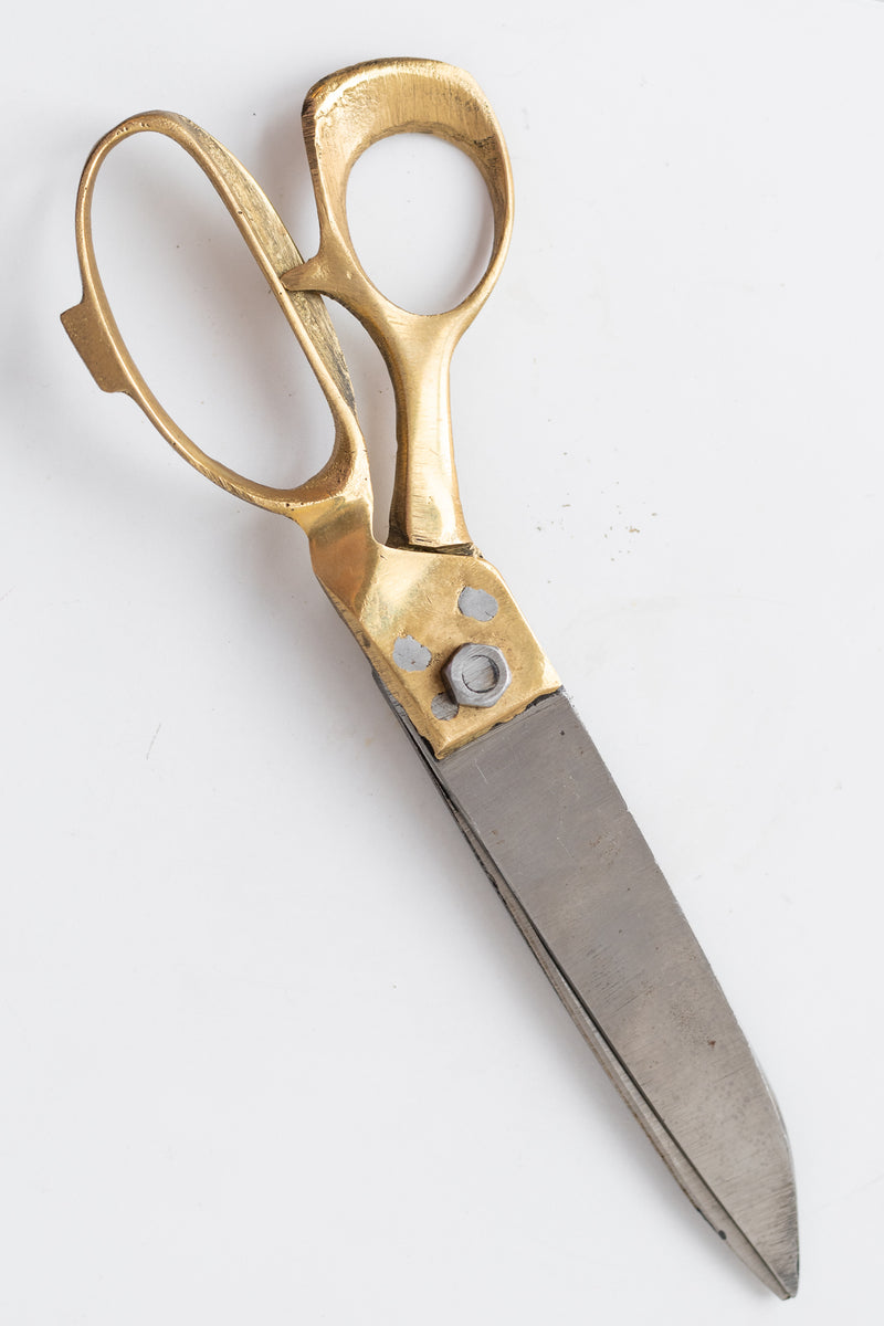 Fog Linen Work brass and steel large scissors on a white surface