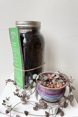 Detail of the 64 ounce mason jar of healthy soil compost with attached information card next to a small potted plant