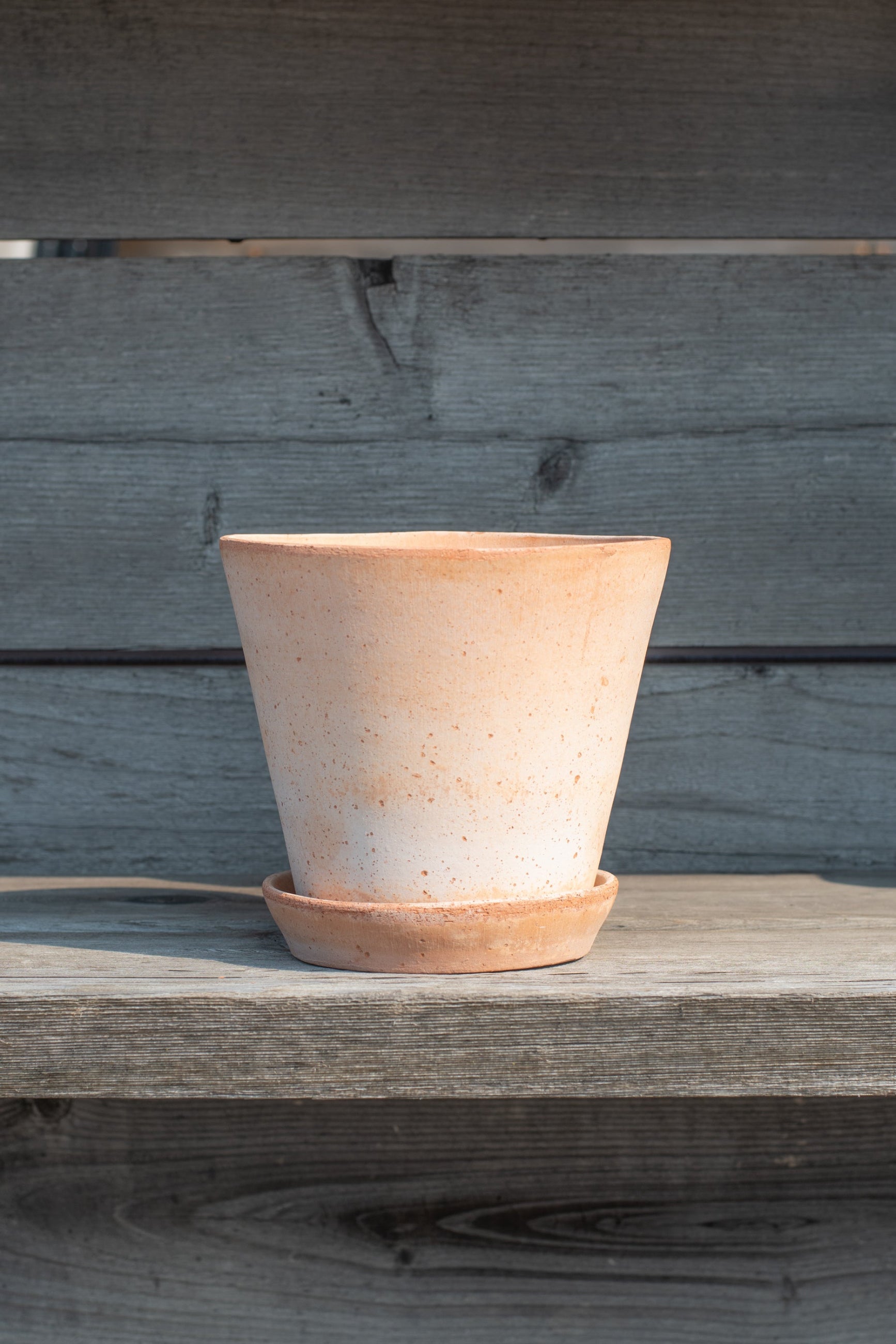 Bergs Potter Julie Pot & Saucer rosa 6.7” in front of grey wood background ©Sprout Home