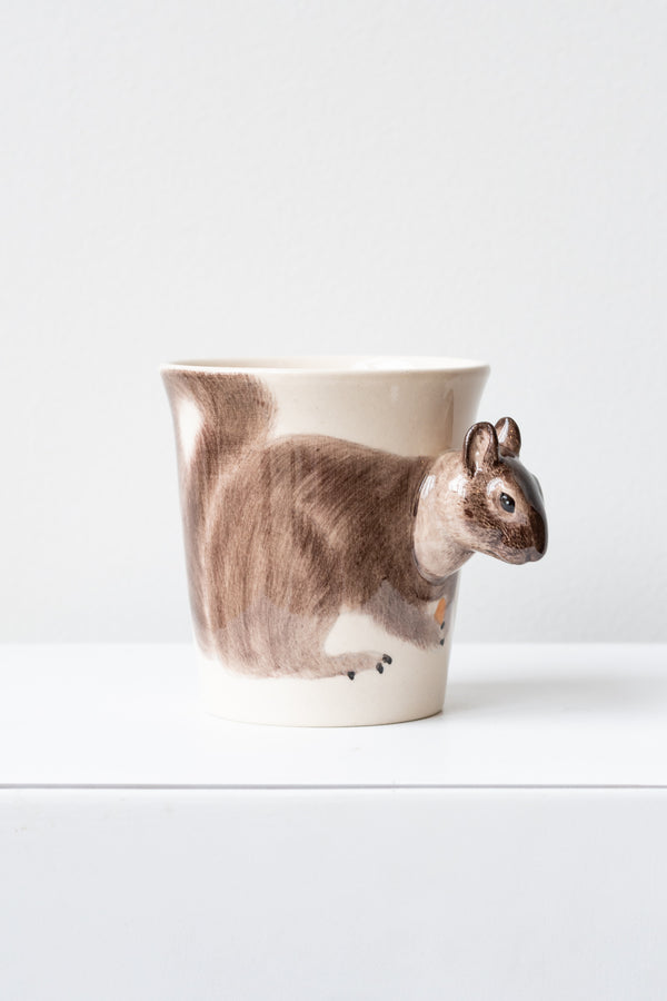 Gray Squirrel Mug by Sea Island Imports sits on a white surface in a white room