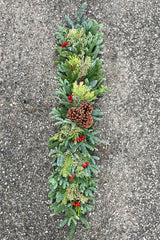 Deluxe swag of evergreen and pine cone to place on a mantle looking from above it. 
