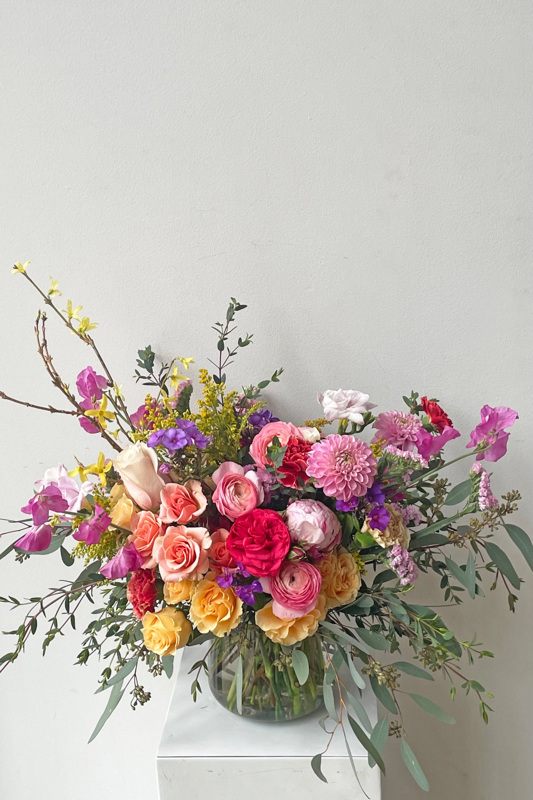 an example of fresh Floral Arrangement Midday with pinks and light yelllow with roses and dahlia's from Sprout Home Floral in Chicago ©Sprout Home #size_$160