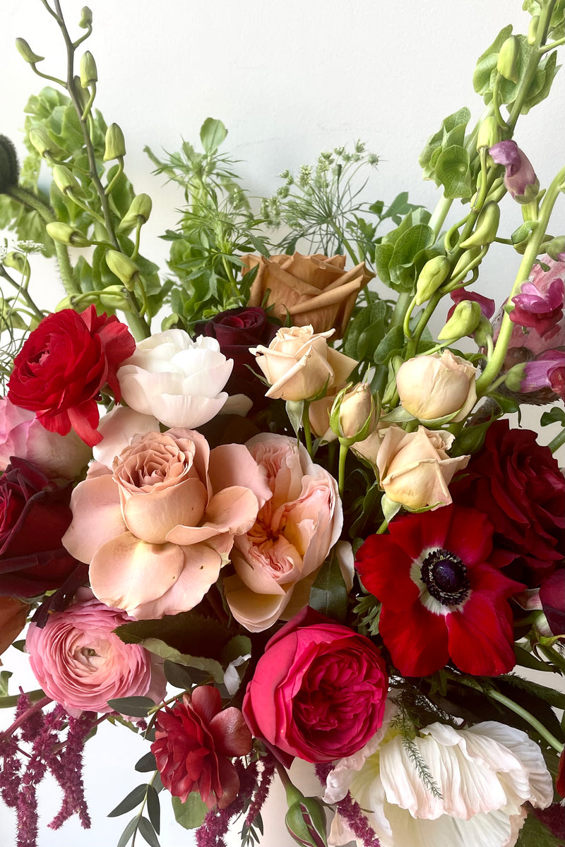 A detail shot of flowers in an example of fresh Floral Arrangement Modern Love $200 from Sprout Home Floral in Chicago for Valentine's Day