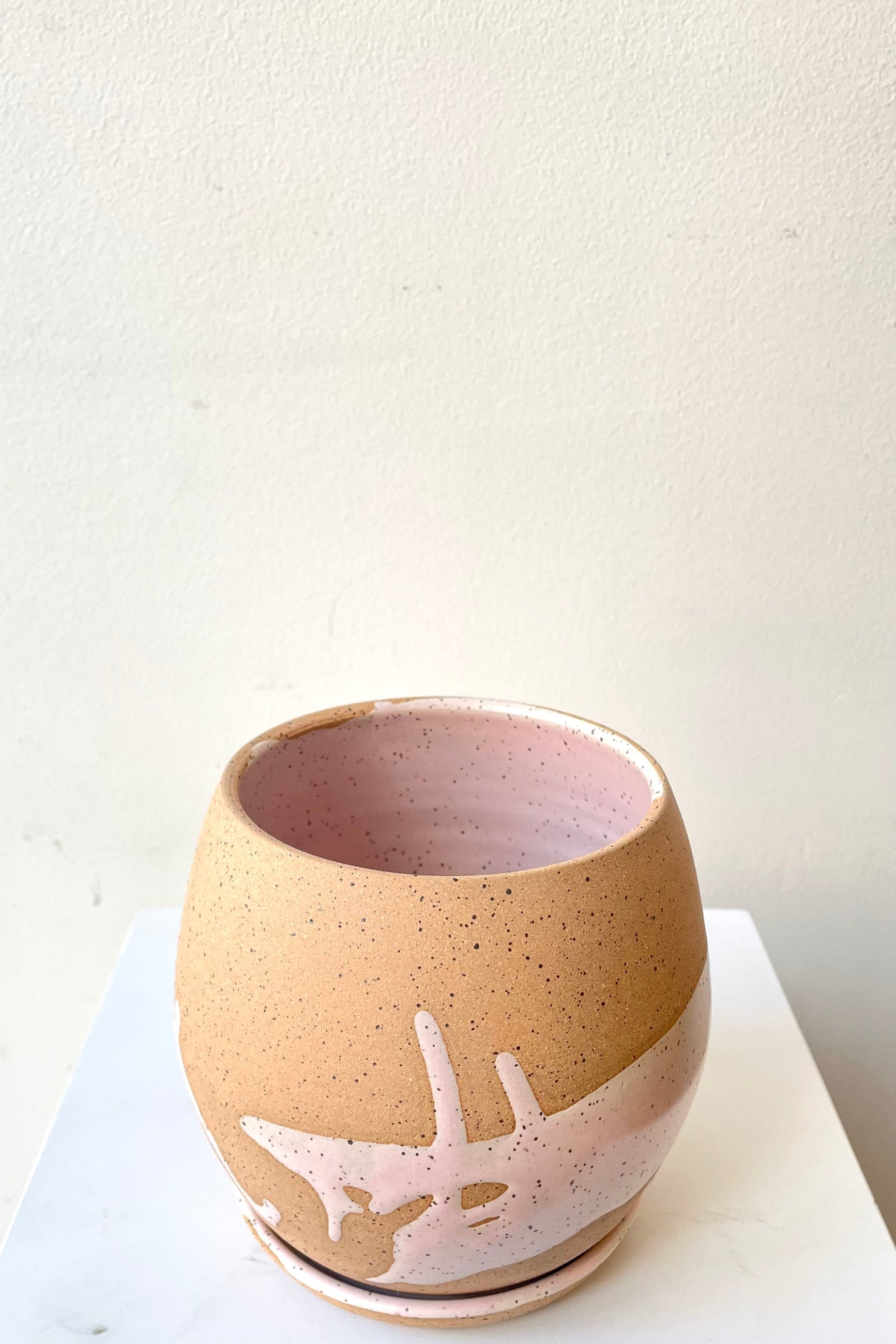 An over-the-lip view of the 4.5" orb pot and saucer in pink against a white backdrop ©Sprout Home