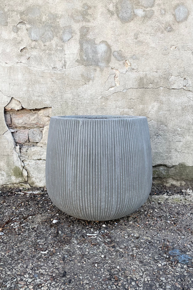 The dark grey medium pax pot with ridges against a concrete wall at Sprout Home.