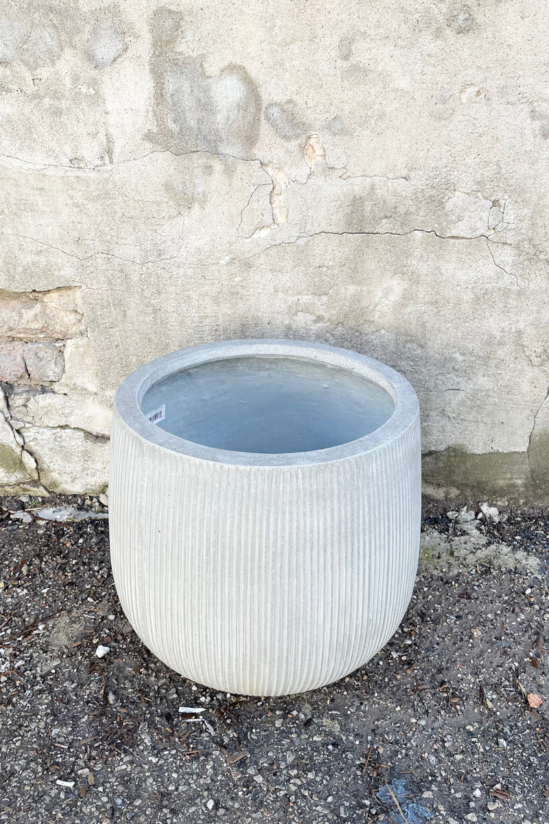 The ridged pax pot in light gray against a concrete wall at Sprout Home.