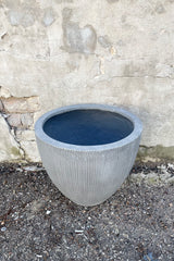 The dark grey extra small Jesslyn Pot with vertical ridges against a concrete wall at Sprout Home.
