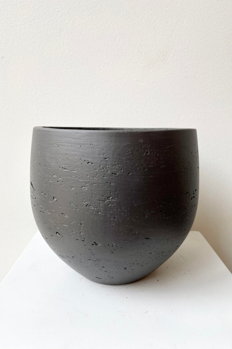 A look at the Mini Orb black washed small pot against a white backdrop.