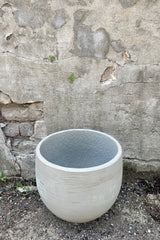 detail of the top of Mini Orb Pot Grey Washed Large against a grey wall