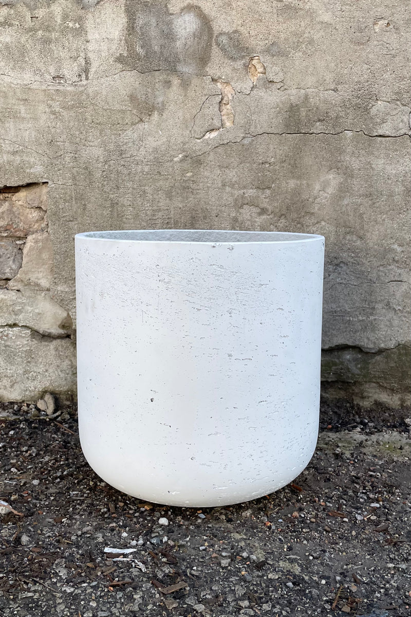 The Extra large white washed Charlie pot against a concrete wall and floor.