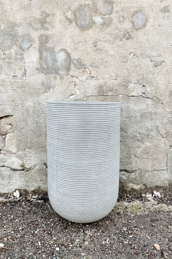 The small light grey High Cody Ridged pot shown against a grey concrete wall.