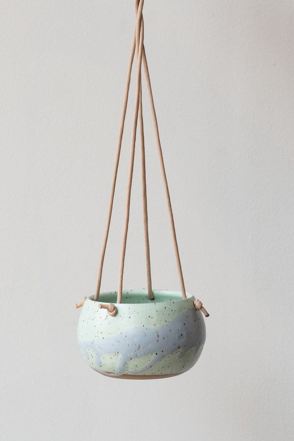 Miami Blue Orb Hanging Planter, light blue and mint glaze in front of white background