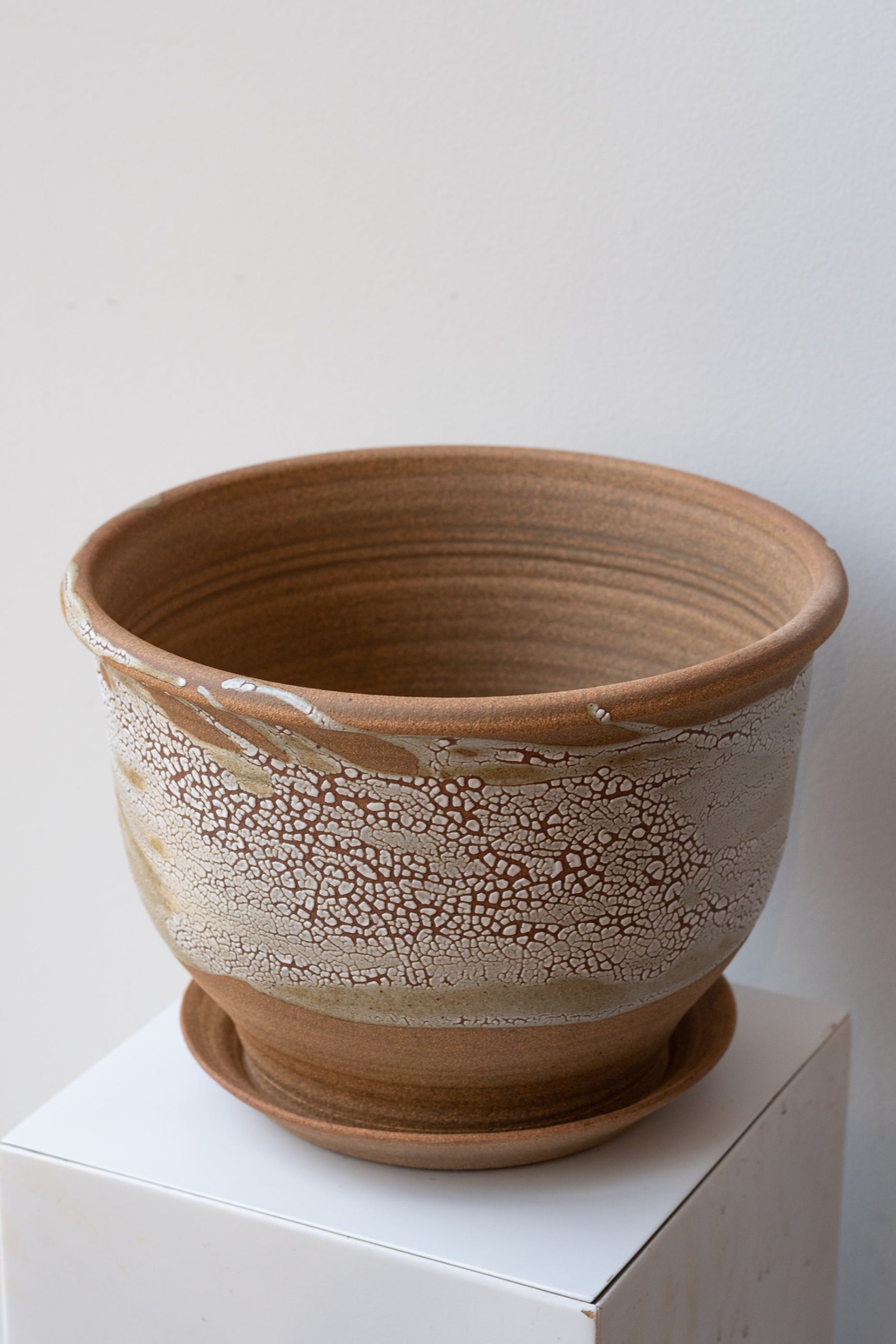 Judy Bruning glazed pot in Super Crackle empty and against a white background ©Sprout Home