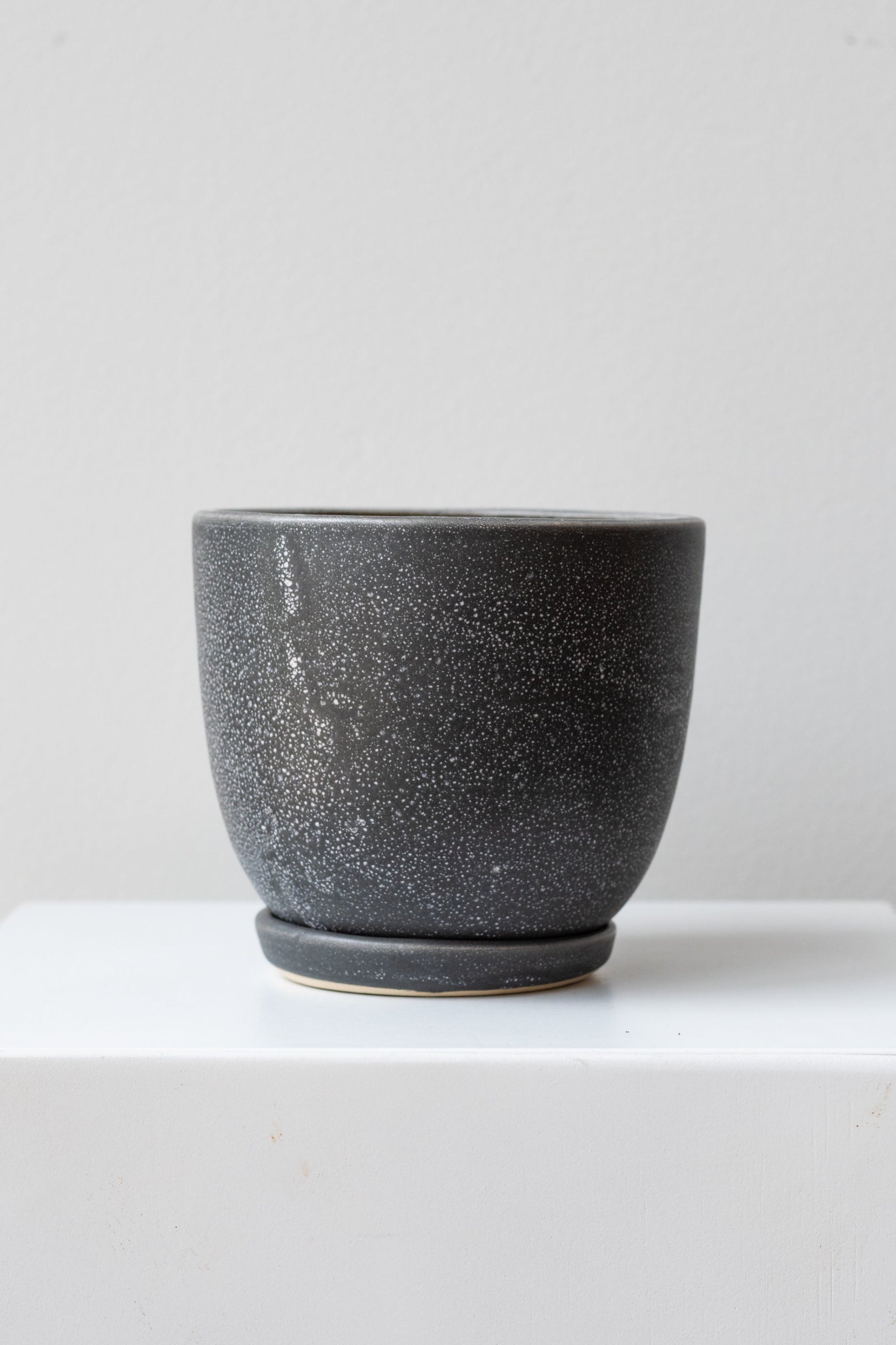 A round stoneware tabletop planter with a saucer, glazed in black with speckles, placed on a white surface. ©Sprout Home