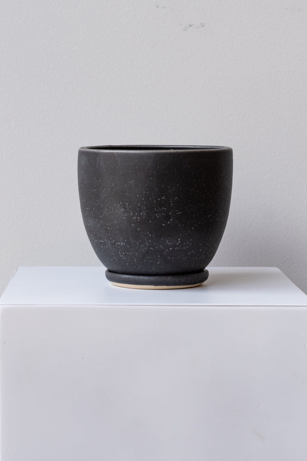 One small ceramic planter sits on a white surface in a white room. The planter is glazed black with white speckles. It sits on a small drainage tray. The planter is empty. It is photographed straight on.
