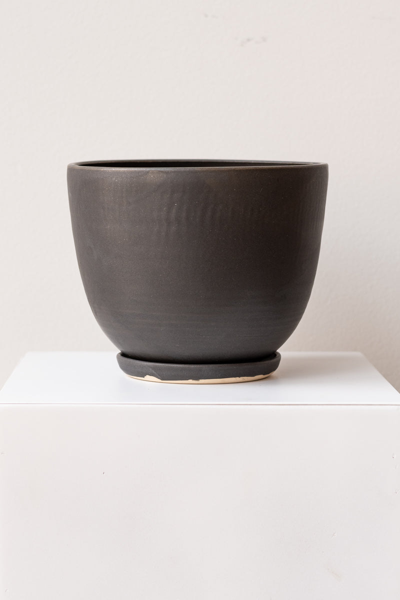 One large ceramic planter sits on a white surface in a white room. The planter is glazed matte black. It sits on a small drainage tray. The planter is empty. It is photographed straight on.