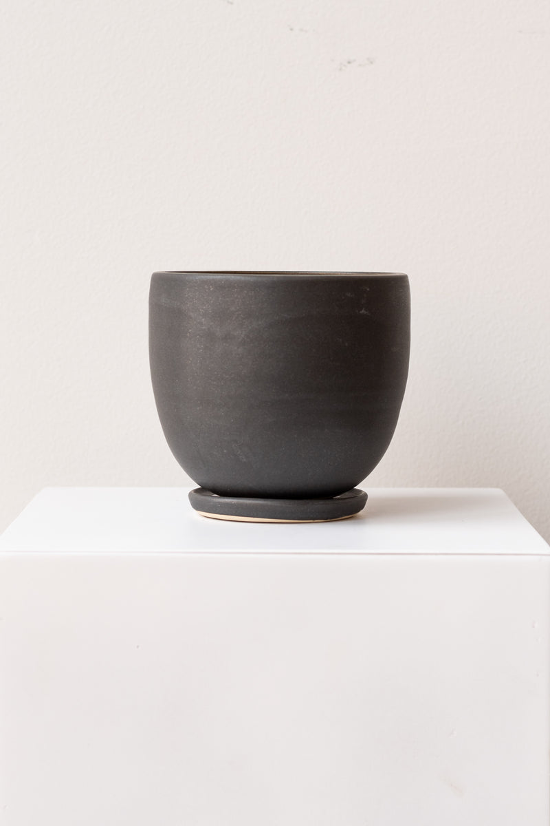 One medium ceramic planter sits on a white surface in a white room. The planter is glazed matte black. It sits on a small drainage tray. The planter is empty. It is photographed straight on.