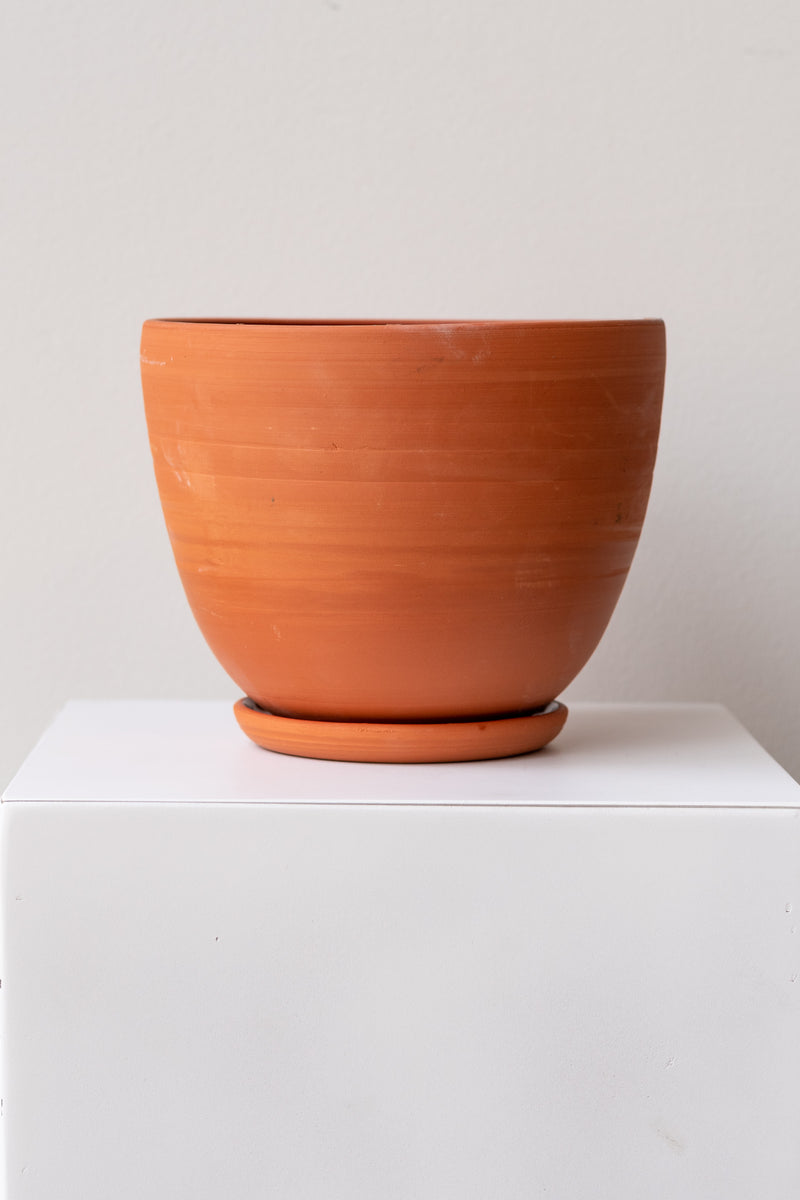 One large terra cotta planter sits on a white surface in a white room. The planter sits on a small round drainage tray. The planter is empty. It is photographed straight on.