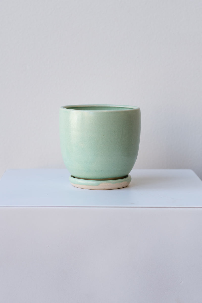 One small ceramic planter sits on a white surface in a white room. The planter is glazed light blue-green. It sits on a small drainage tray. The planter is empty. It is photographed straight on.