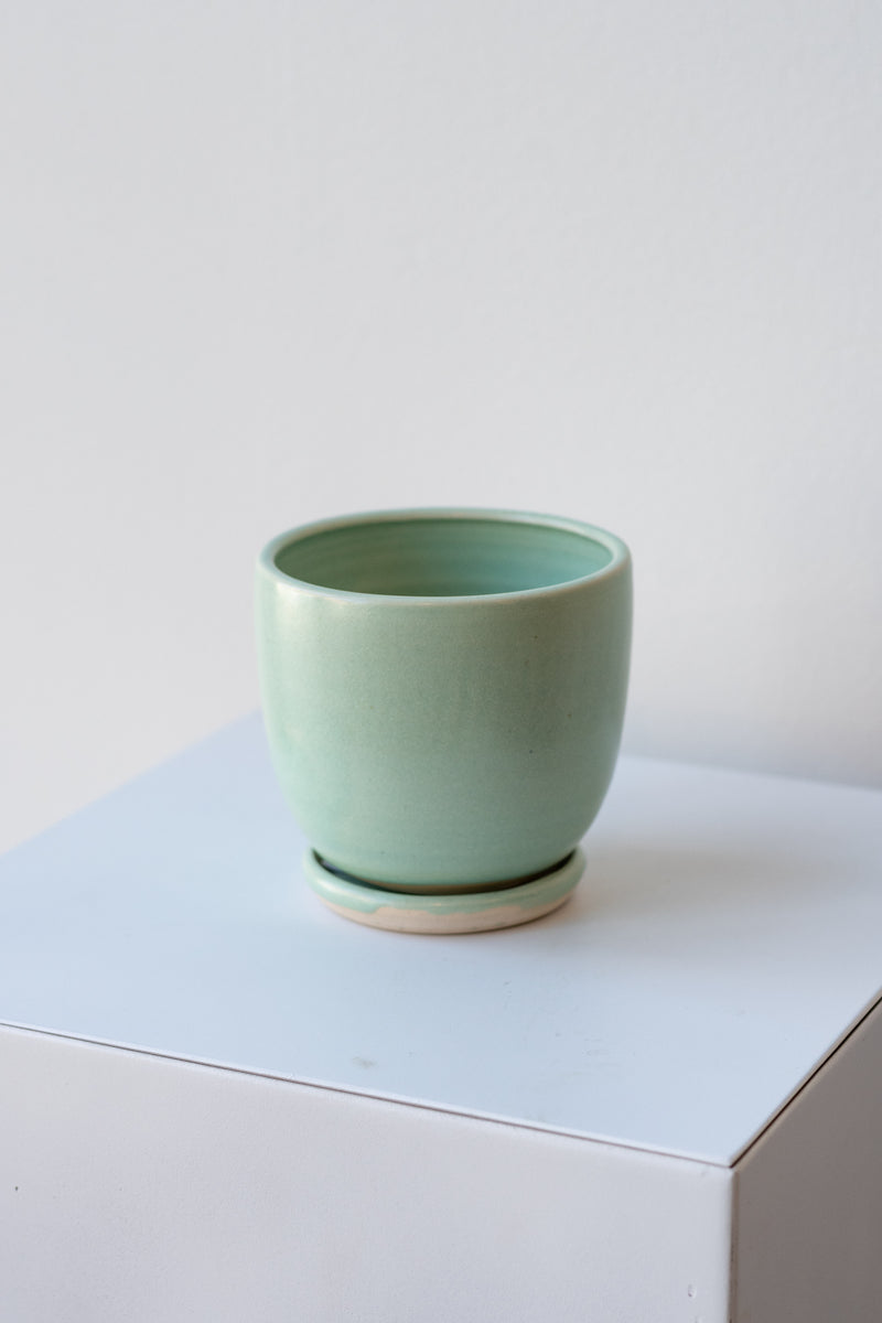 One small ceramic planter sits on a white surface in a white room. The planter is glazed light blue-green. It sits on a small drainage tray. The planter is empty. It is photographed closer and at an angle.
