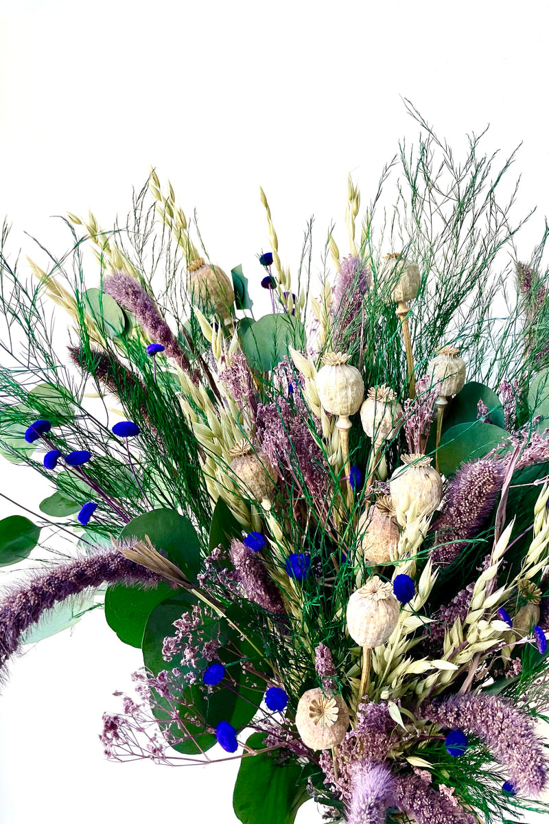 A close-up view of Plum Fizz Preserved floral arrangement by Sprout Home against a white backdrop
