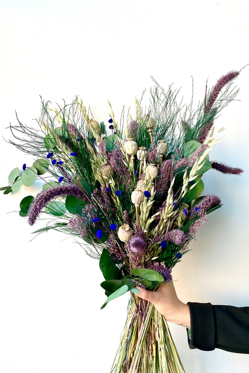 A hand holds Plum Fizz Preserved floral arrangement by Sprout Home against a white backdrop