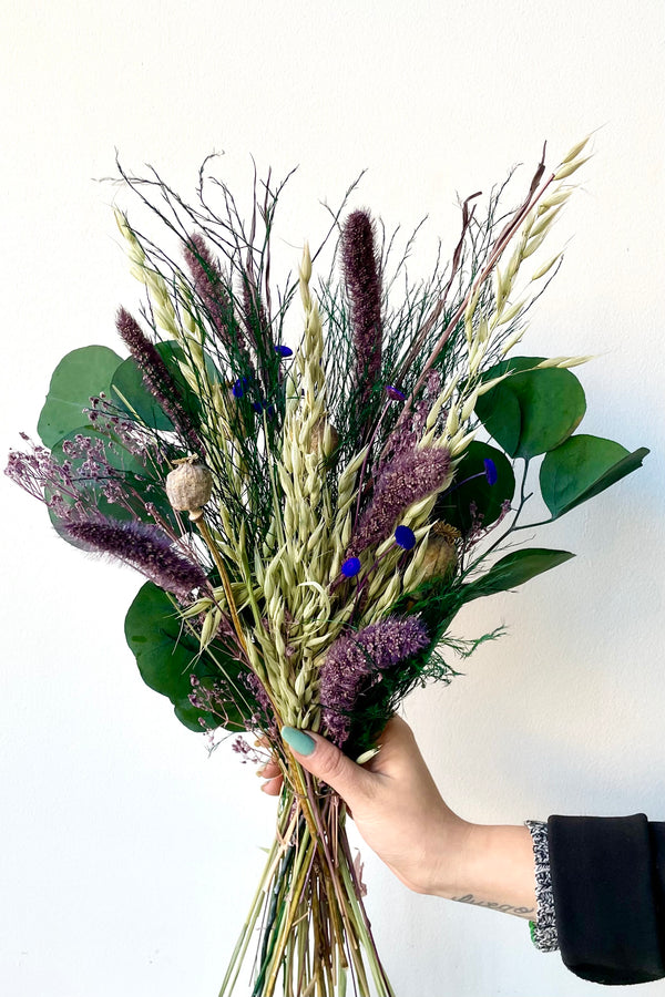Plum Fizz Preserved floral arrangement by Sprout Home being held with hand against a white backdrop