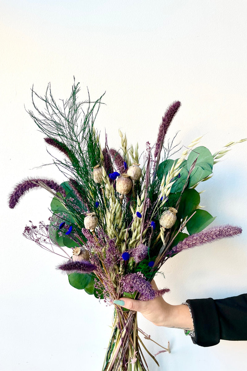 A hand holds Plum Fizz Preserved floral arrangement by Sprout Home against a white backdrop