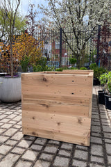 The 26" square cedar handmade planter shown empty at Sprout Home.