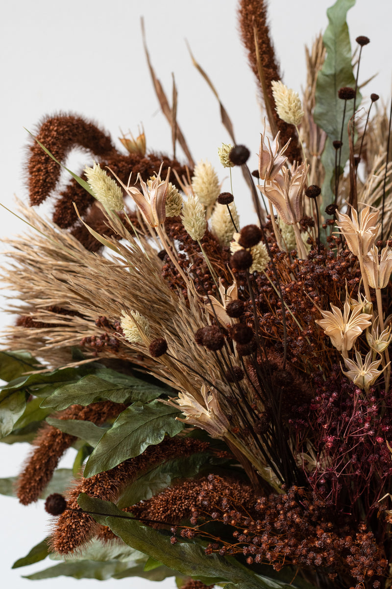 Close up of "Allspice" autumnal preserved arrangement by Sprout Home